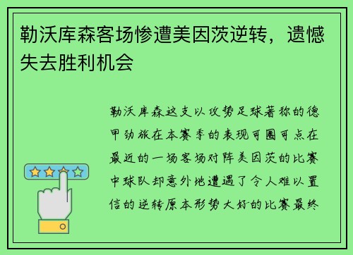 勒沃库森客场惨遭美因茨逆转，遗憾失去胜利机会