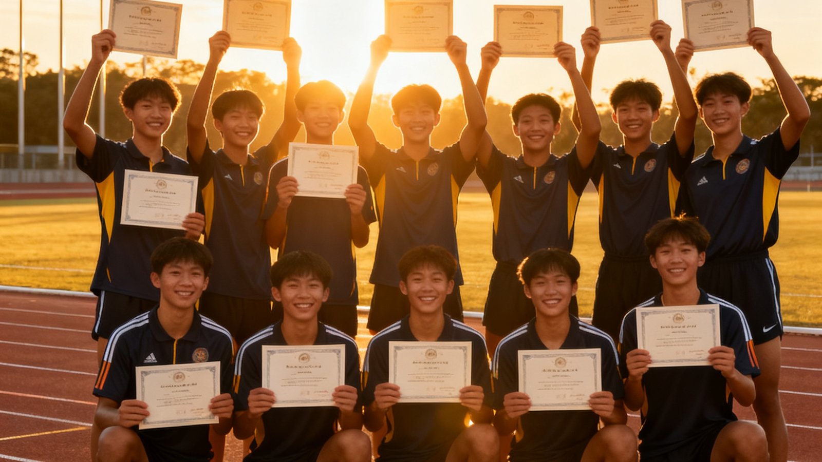 2025年全国大学生田径锦标赛训练营结营仪式上，32名身穿统一训练服的年轻运动员在田径场合影留念，大家举起证书笑容灿烂，背景是夕阳下的标准跑道和飘扬的旗帜。