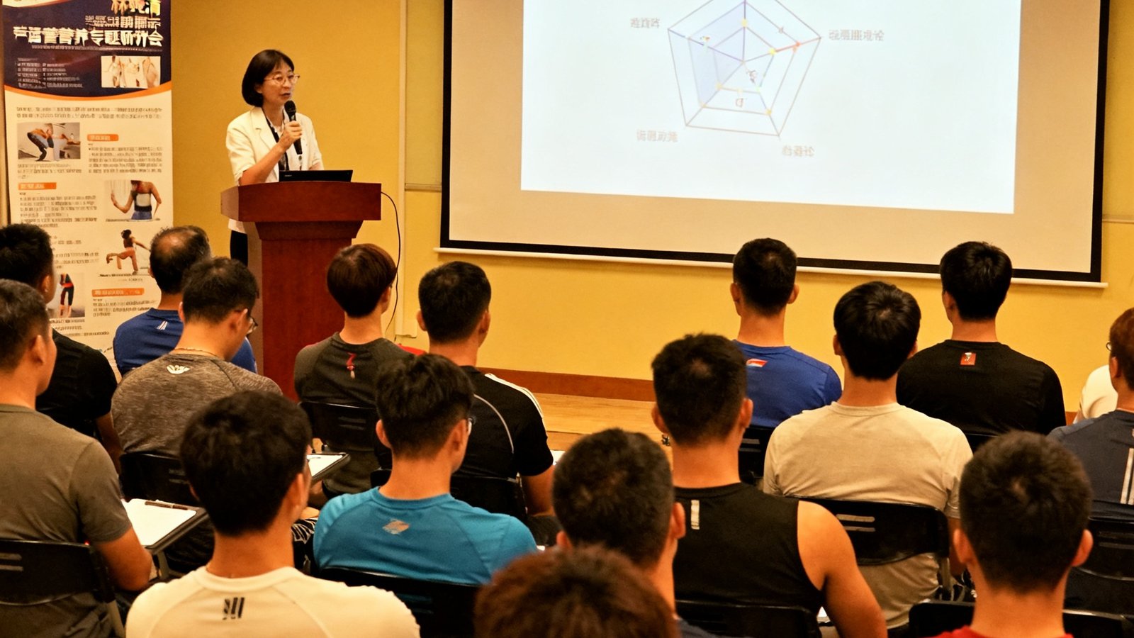 一场运动营养专题研讨会的现场照片，林婉清博士正在讲台上通过投影讲解营养周期理论，台下坐满了认真听讲的教练和学员，会议室内灯光柔和，学术氛围浓厚。
