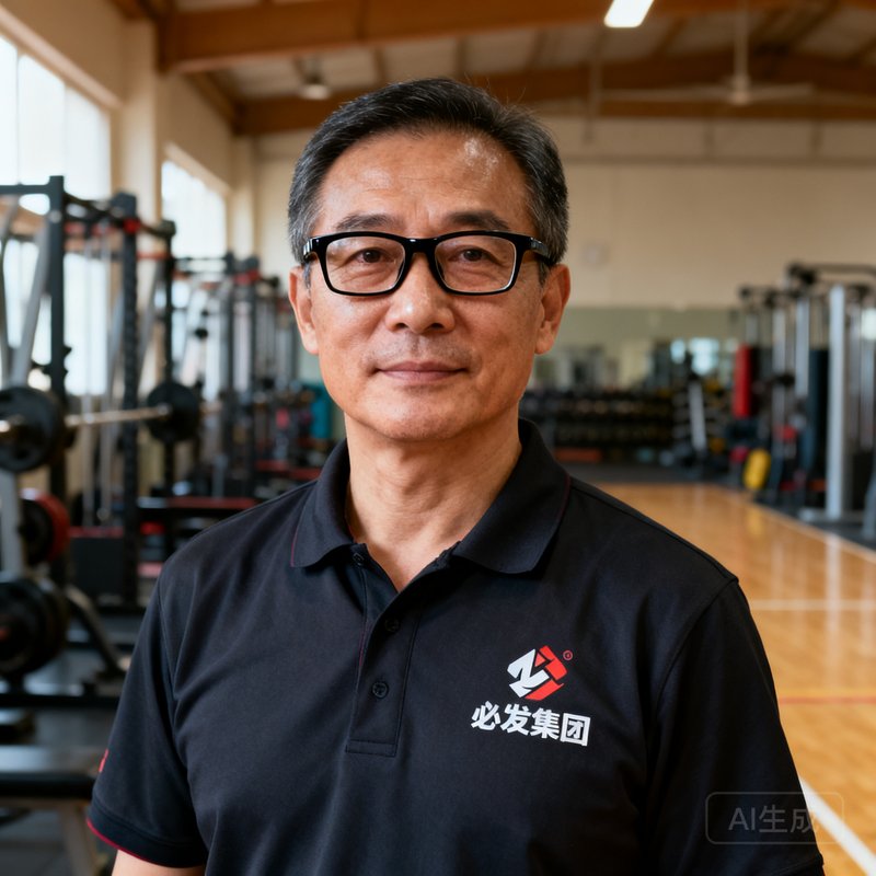 一位四十多岁的中年男性教练肖像，他戴着黑框眼镜，眼神专注而温和，身穿印有必发集团logo的深色polo衫，背景是摆满训练器材的室内场馆，展示出专业沉稳的气质。