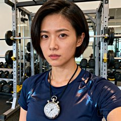 一位留着干练短发、眼神坚定的女性运动员近照，身穿深蓝色训练服，脖子上挂着秒表，身后是力量训练区的专业器械。