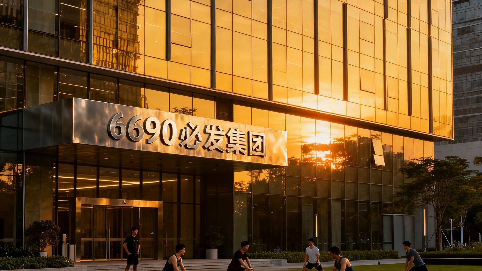 深圳南山科技园内一栋充满现代设计感的玻璃幕墙办公大楼，楼体在傍晚时分反射着温暖的夕阳余晖，大楼入口处悬挂着6690必发集团的金属铭牌，楼前绿化广场上有几位运动员正在做热身拉伸。
