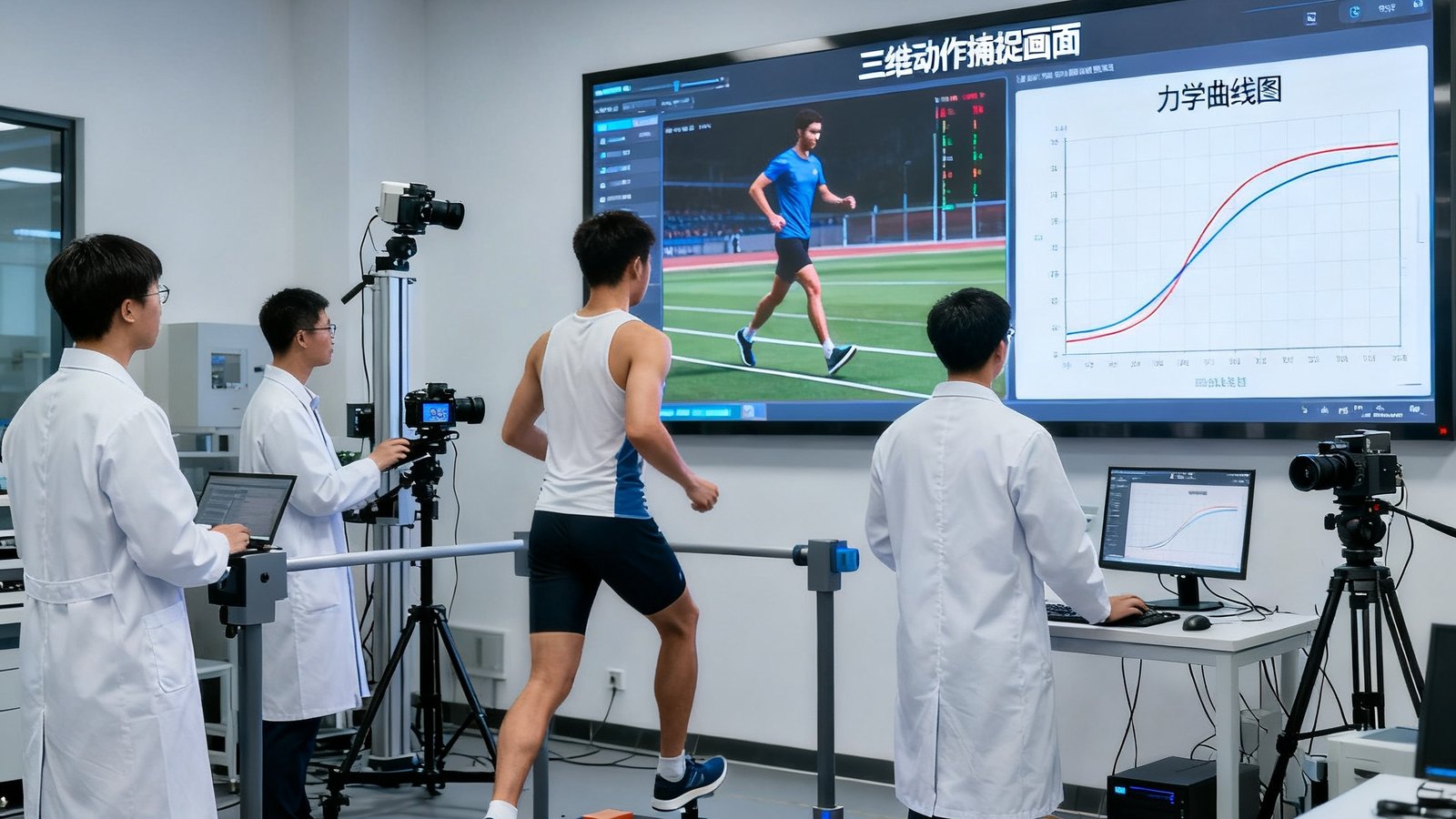 三位身穿白大褂的研究人员在运动生物力学实验室内，通过高清摄像系统和力台设备分析运动员的步态数据，墙上的大屏幕实时显示着三维动作捕捉画面和力学曲线图。